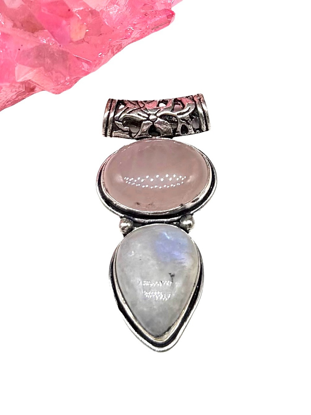 Rose Quartz & Rainbow Moonstone Necklace Pendant 925 Sterling Silver Overlay